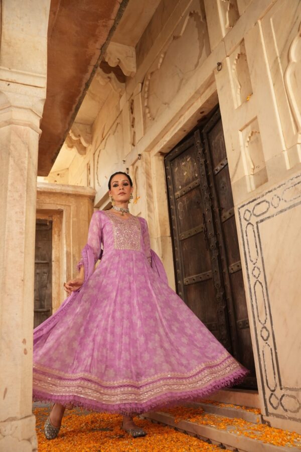 Printed Georgette Anarkali with Thread Zari and Sequence Embroidery - Image 6