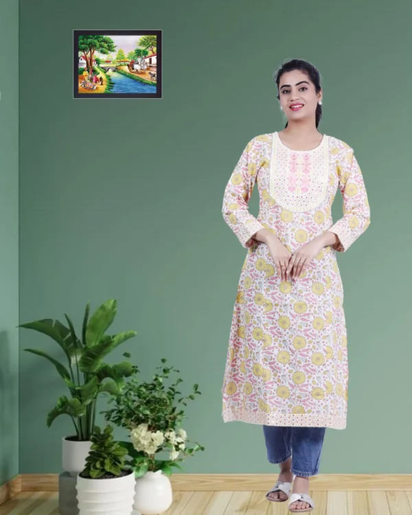 Cotton Fabric White Yellow Jaipuri Print Kurti