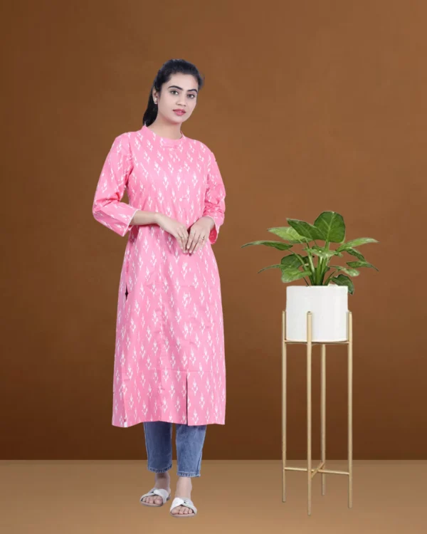 Rayon Cotton Peach Color Ikkat Print Kurta - Image 2