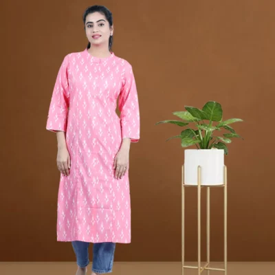 Rayon Cotton Peach Color Ikkat Print Kurta