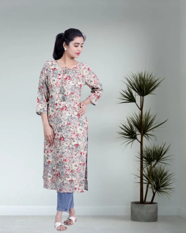 Rayon Fabric Ikkat Printed Grey Color Kurti - Image 2
