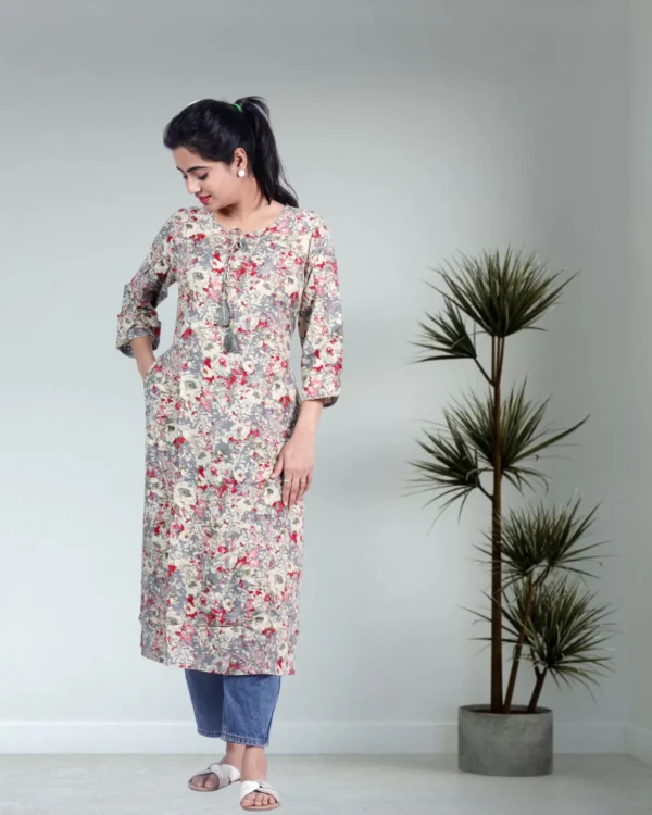 Rayon Fabric Ikkat Printed Grey Color Kurti - Image 4