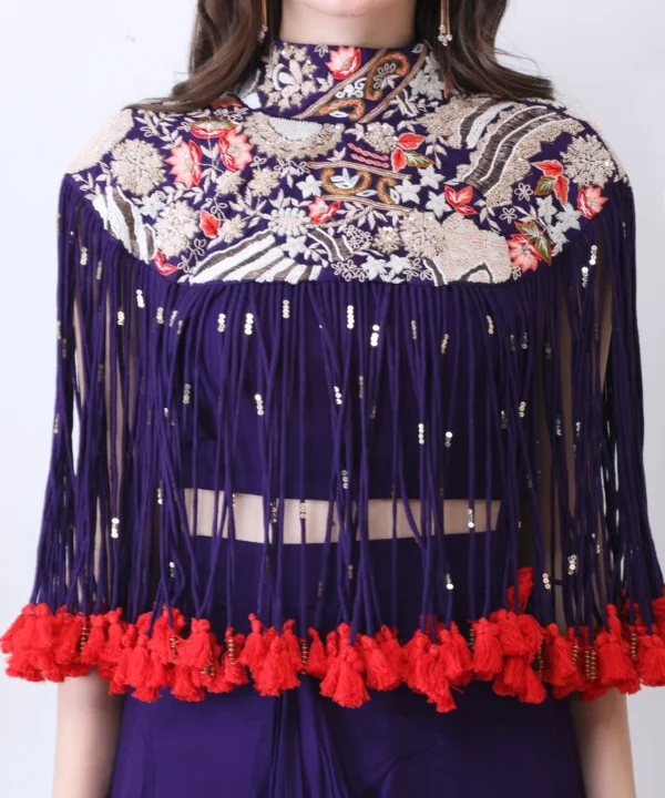 Purple Silk Cape Set with Zardozi Thread Handwork - Image 2