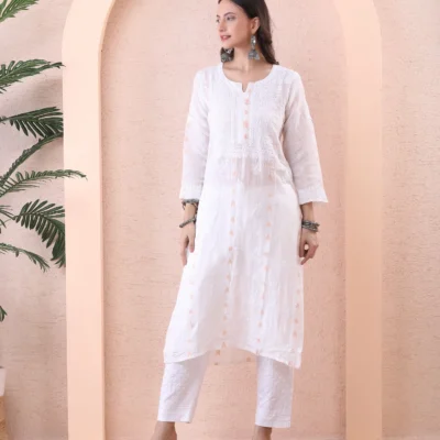 Pastel Peach Crape Kaftan Cord Set with Bead Embroidery