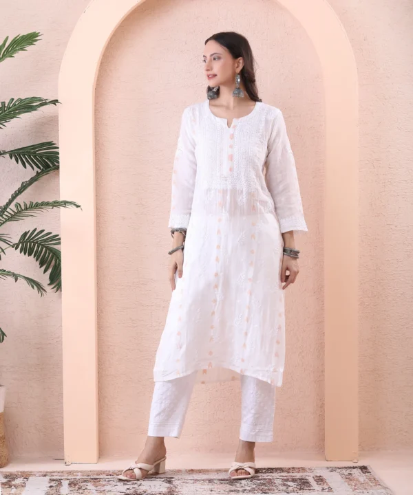 Pastel Peach Crape Kaftan Cord Set with Bead Embroidery