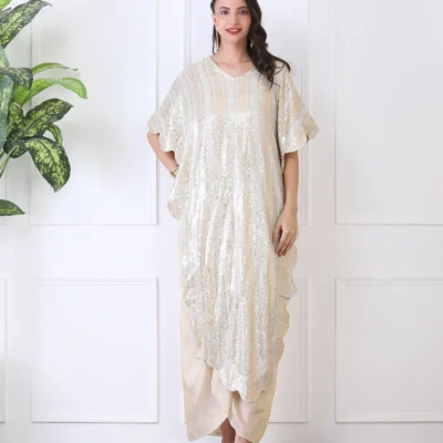 White 3-Piece Cape Set with Two-Tone Silver-Golden Sequin Cape