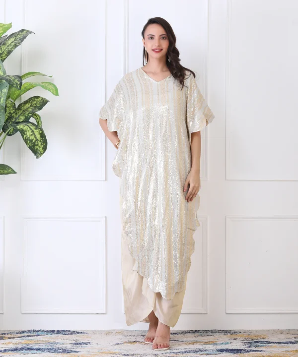 White 3-Piece Cape Set with Two-Tone Silver-Golden Sequin Cape