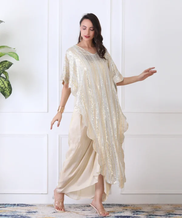 White 3-Piece Cape Set with Two-Tone Silver-Golden Sequin Cape - Image 4