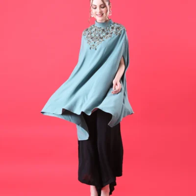 Teal Green Cape Top with Hand Embroidery