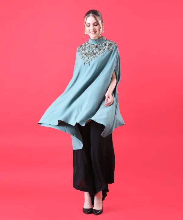 Teal Green Cape Top with Hand Embroidery