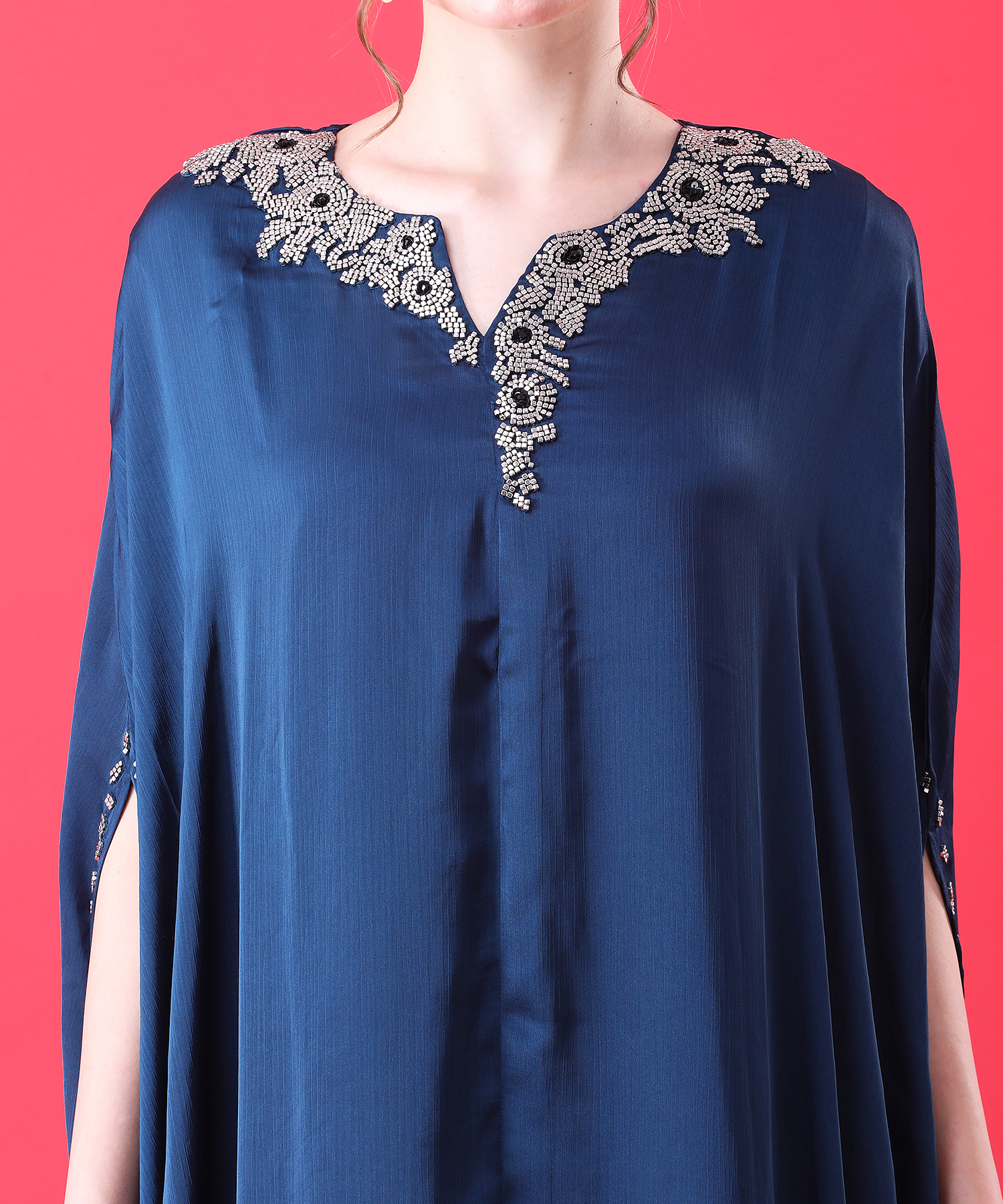 Blue Kaftan Dress in Imported Chinnon with Metallic Stone - Image 4