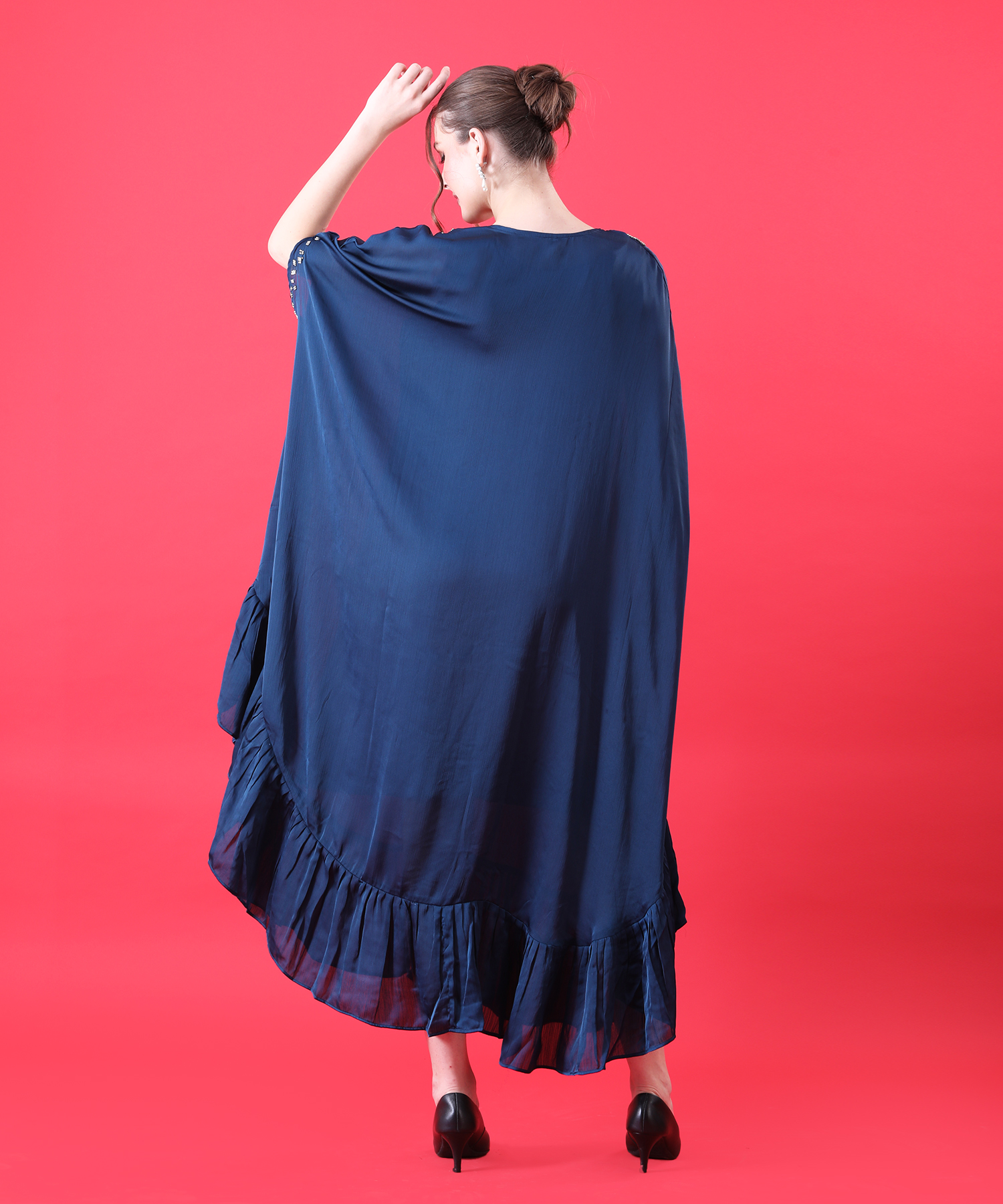 Blue Kaftan Dress in Imported Chinnon with Metallic Stone - Image 3