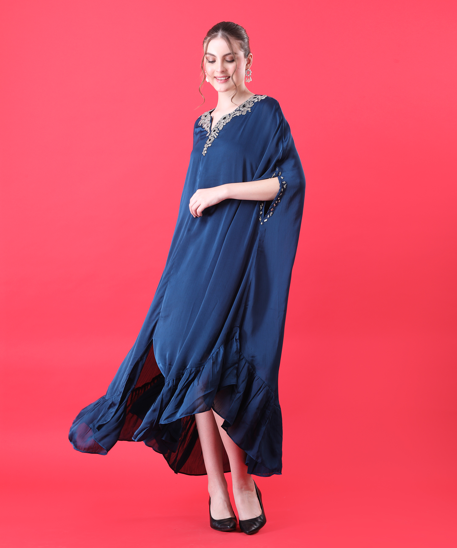 Blue Kaftan Dress in Imported Chinnon with Metallic Stone - Image 2