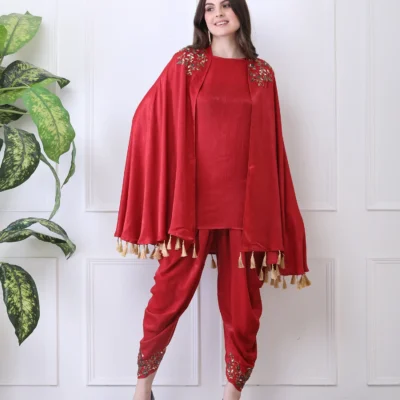 Red Three-Piece Co-ord Set in with Hand Embroidered