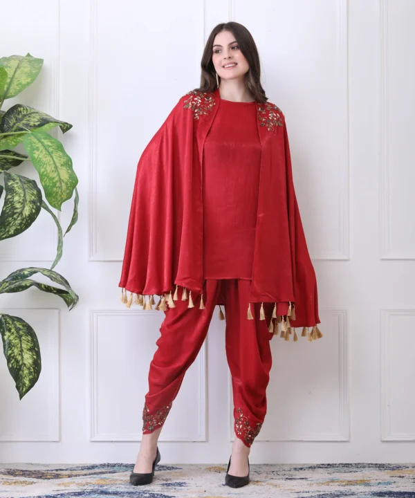 Red Three-Piece Co-ord Set in with Hand Embroidered