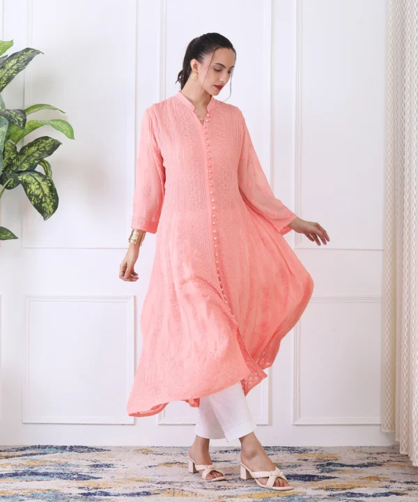Anarkali Suit Set in Peach Color with Chikan Embroidery - Image 2