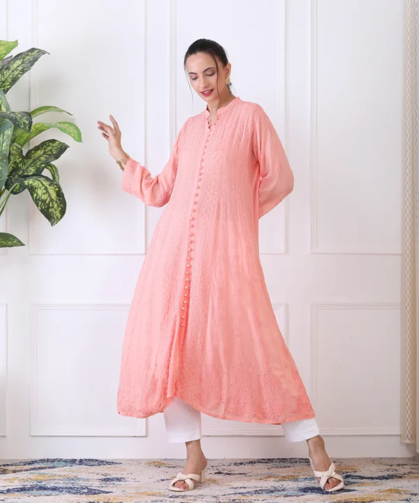 Anarkali Suit Set in Peach Color with Chikan Embroidery - Image 3