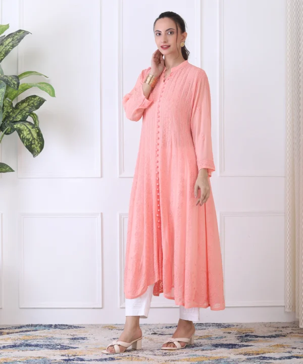 Anarkali Suit Set in Peach Color with Chikan Embroidery - Image 4