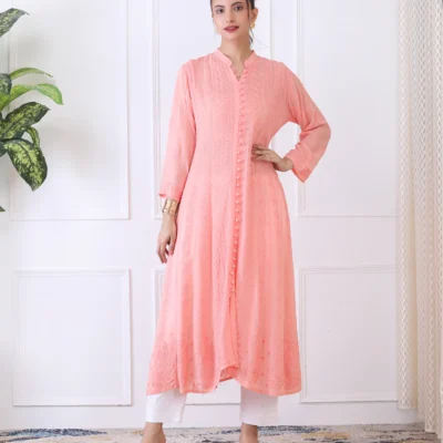 Anarkali Suit Set in Peach Color with Chikan Embroidery