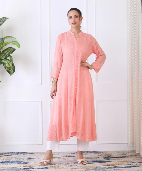 Anarkali Suit Set in Peach Color with Chikan Embroidery