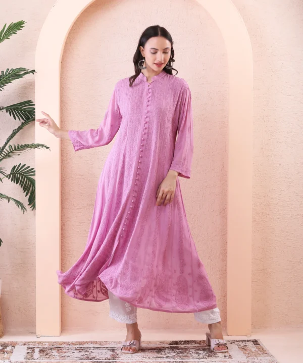 Anarkali Suit Set in Pink Color with Chikan Embroidery - Image 2