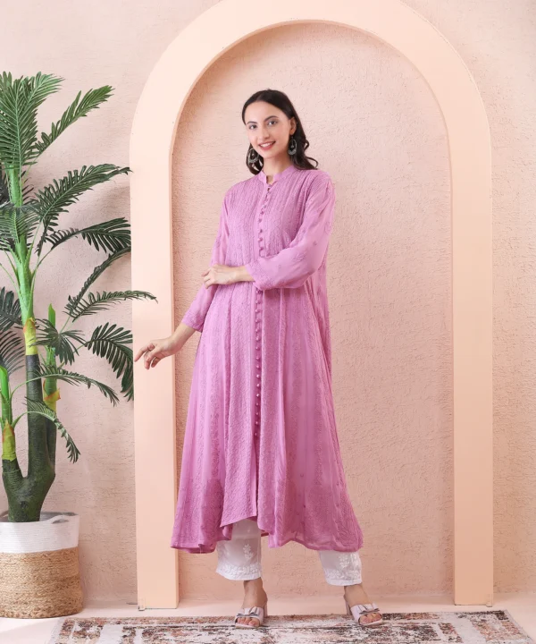 Anarkali Suit Set in Pink Color with Chikan Embroidery - Image 3