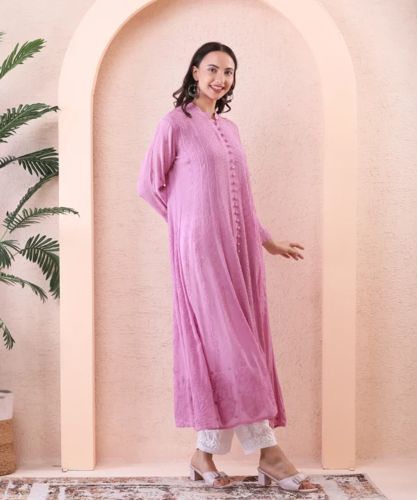 Anarkali Suit Set in Pink Color with Chikan Embroidery - Image 4