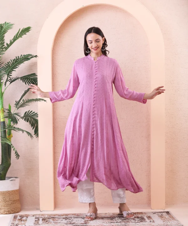 Anarkali Suit Set in Pink Color with Chikan Embroidery