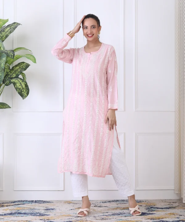 Baby Pink Chanderi Kurti with Chikan Embroidery - Image 3