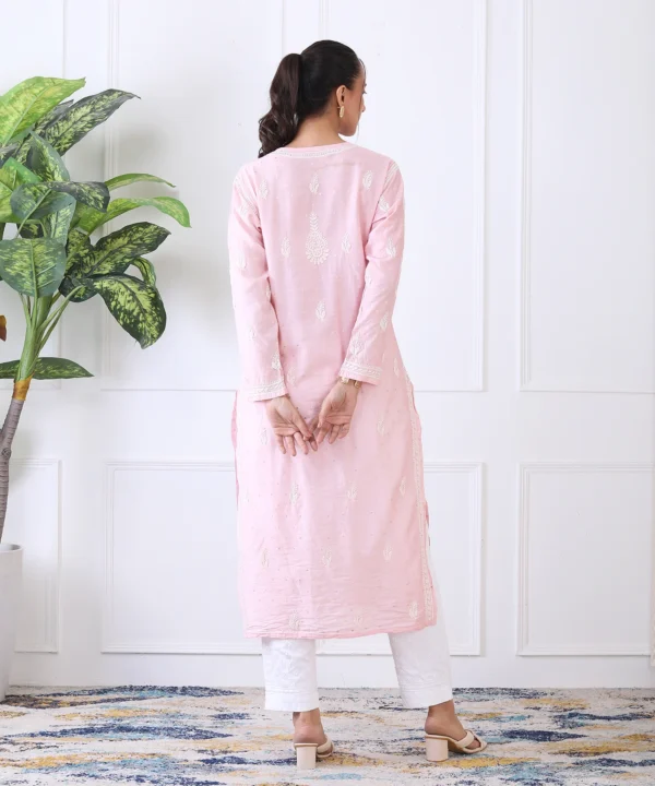 Baby Pink Chanderi Kurti with Chikan Embroidery - Image 2