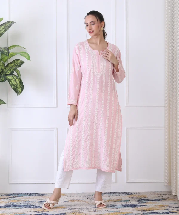 Baby Pink Chanderi Kurti with Chikan Embroidery