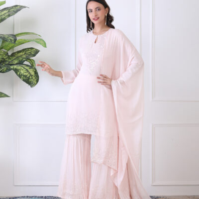 Baby Pink Chiffon Suit Set with Sequin-Embellished Short Kurti