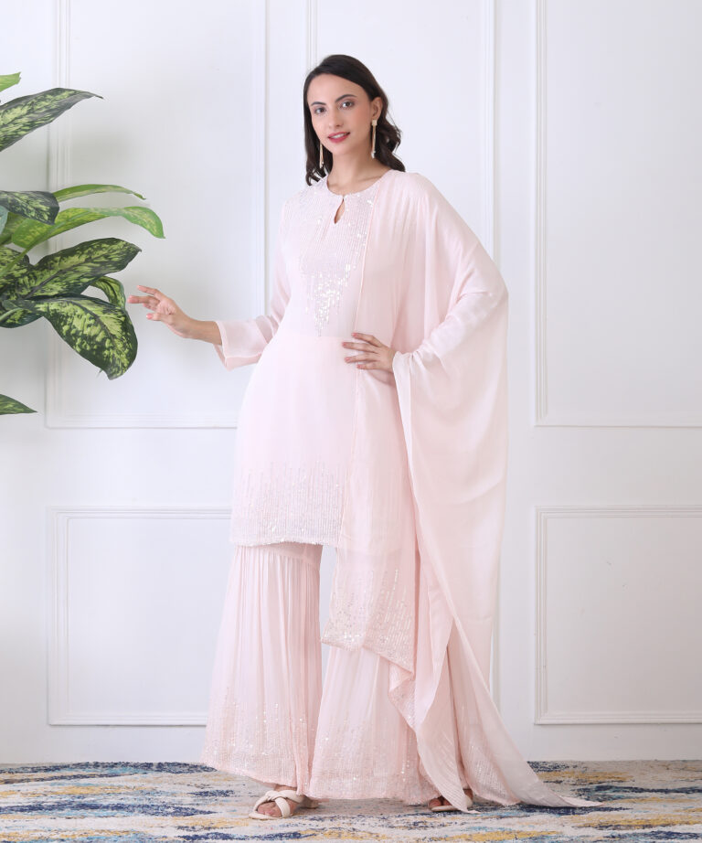Baby Pink Chiffon Suit Set with Sequin-Embellished Short Kurti Harika