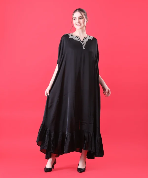Black Kaftan Dress in Imported Chinnon with Metallic Stone - Image 3