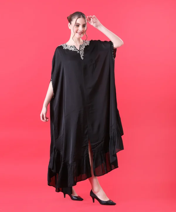 Black Kaftan Dress in Imported Chinnon with Metallic Stone - Image 4