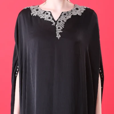 Black Kaftan Dress in Imported Chinnon with Metallic Stone