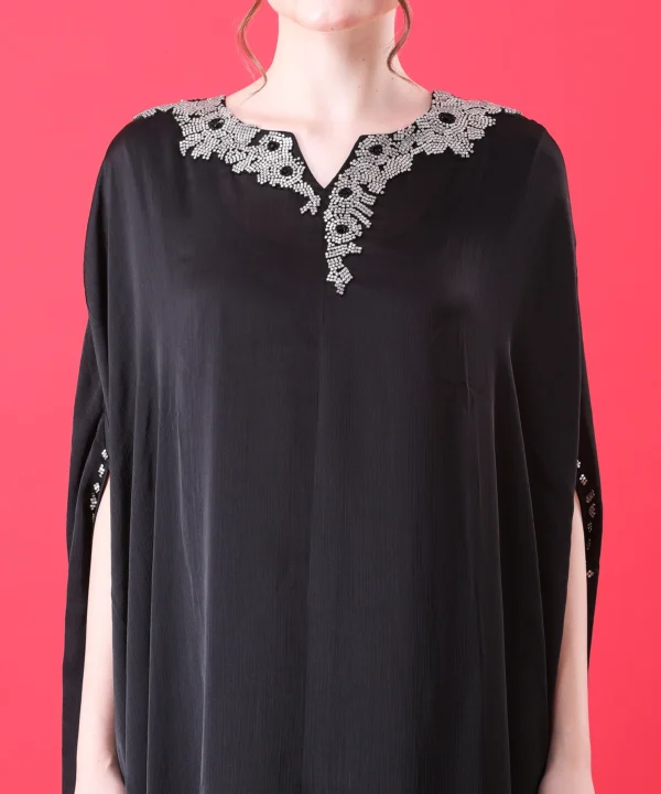 Black Kaftan Dress in Imported Chinnon with Metallic Stone