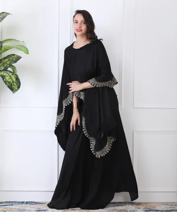 Black Satin Cape Cord Set with Detailed Embroidered Border - Image 2