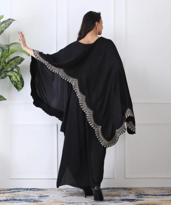 Black Satin Cape Cord Set with Detailed Embroidered Border - Image 3