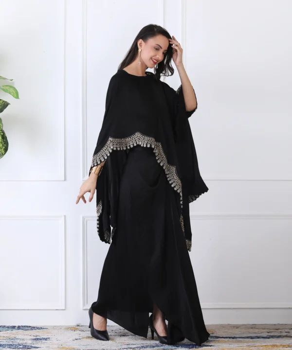 Black Satin Cape Cord Set with Detailed Embroidered Border - Image 4