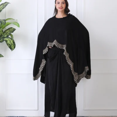 Black Satin Cape Cord Set with Detailed Embroidered Border