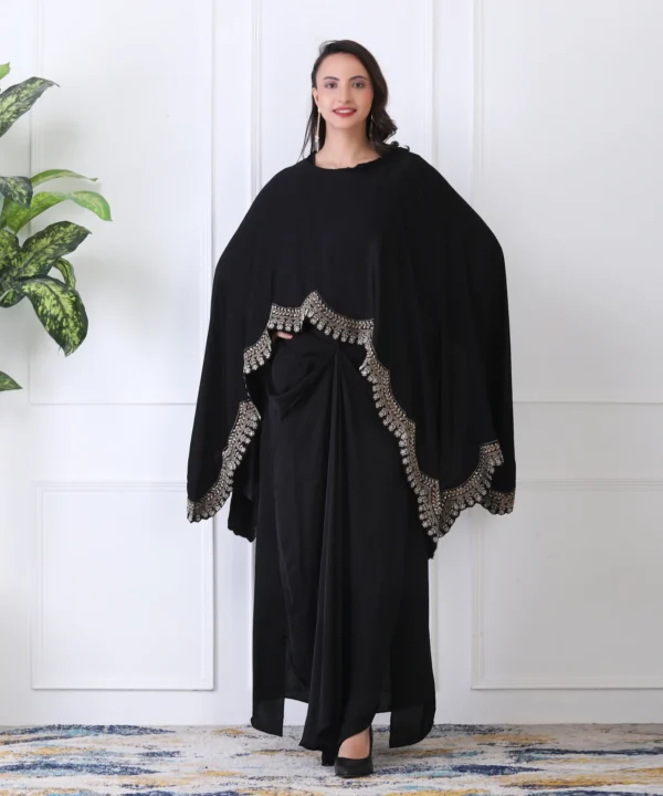 Black Satin Cape Cord Set with Detailed Embroidered Border