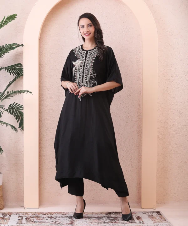 Black Silk Kaftan Co-ord Set with Zardozi Hand Embroidery - Image 4