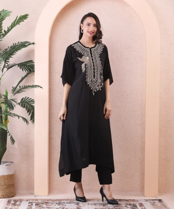 Black Silk Kaftan Co-ord Set with Zardozi Hand Embroidery - Image 3
