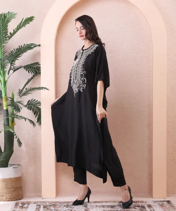 Black Silk Kaftan Co-ord Set with Zardozi Hand Embroidery - Image 2
