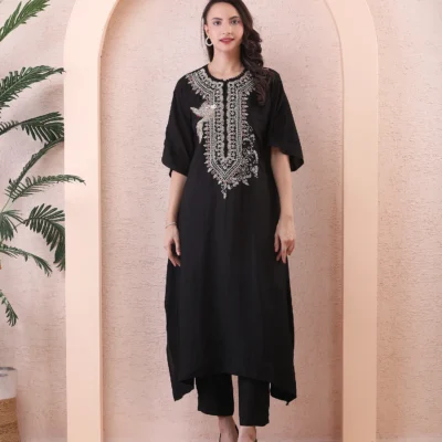 Black Silk Kaftan Co-ord Set with Zardozi Hand Embroidery