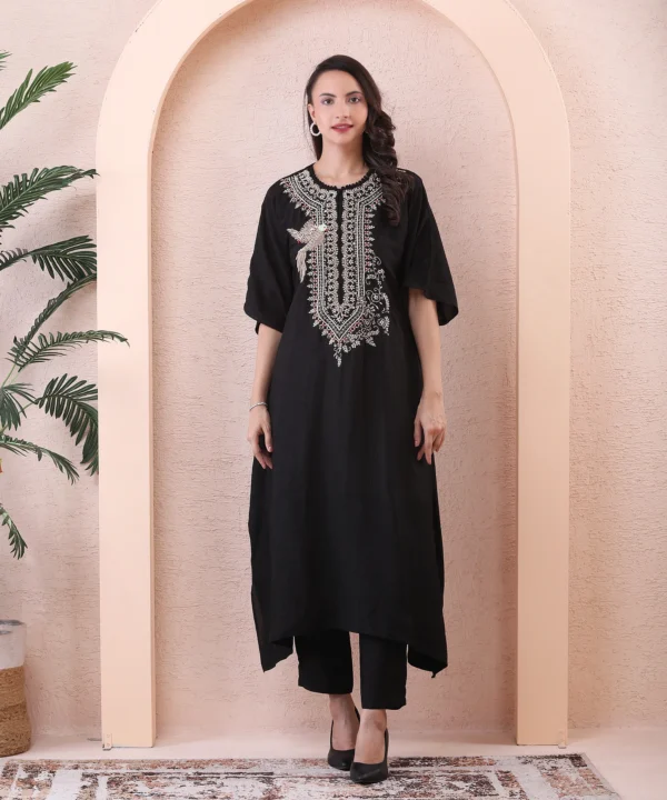 Black Silk Kaftan Co-ord Set with Zardozi Hand Embroidery