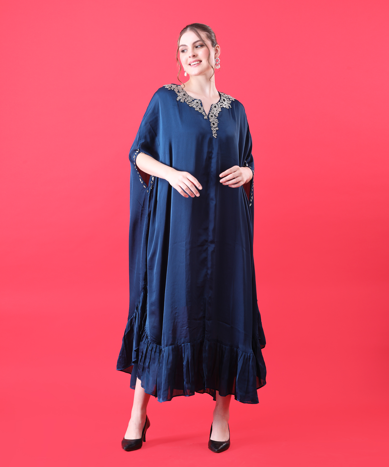 Blue Kaftan Dress in Imported Chinnon with Metallic Stone
