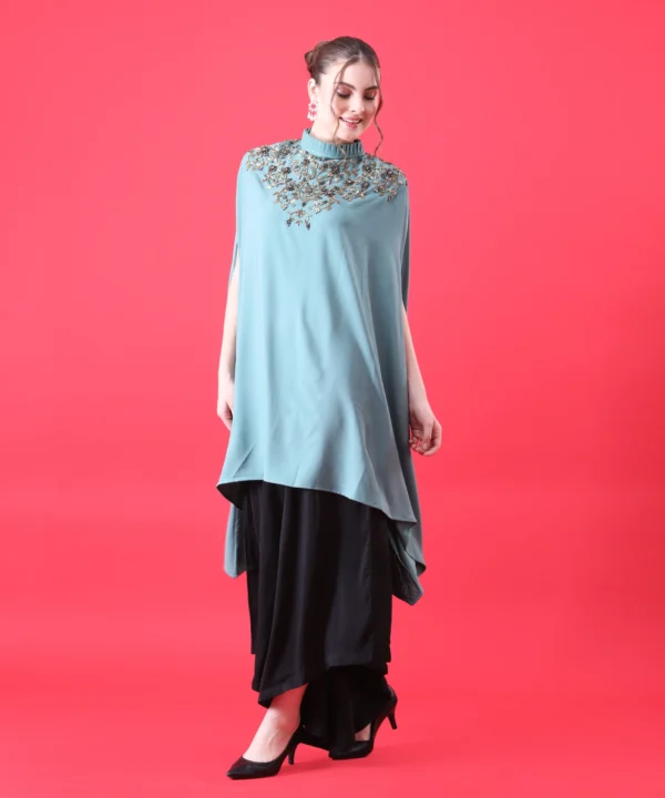 Teal Green Cape Top with Hand Embroidery - Image 5