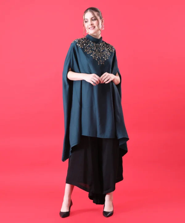 Bottle Green Cape Top with Hand Embroidery - Image 3